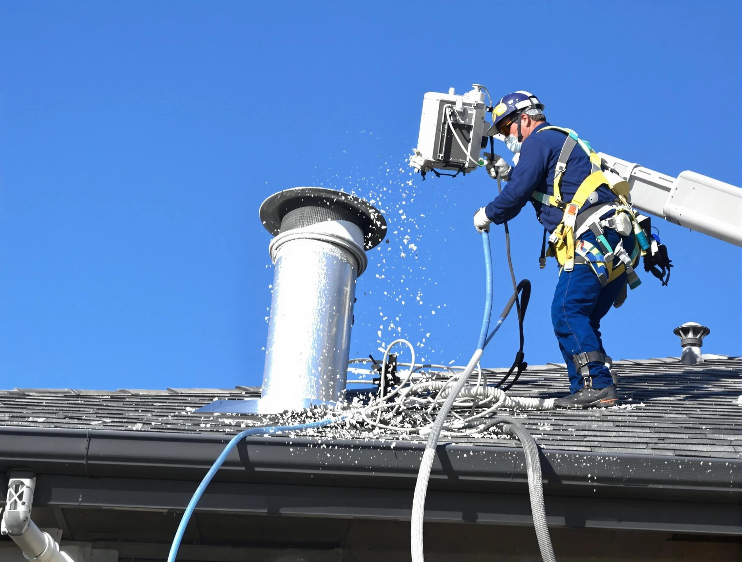 Lawrence Dryer Vent Cleaning certified technician safely cleaning a roof-mounted dryer vent in Lawrence