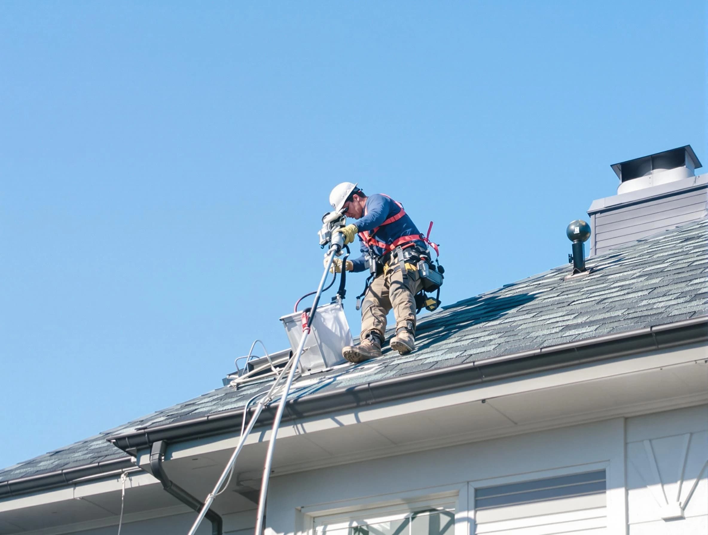 Lawrence Dryer Vent Cleaning certified technician cleaning a roof-mounted dryer vent system in Lawrence