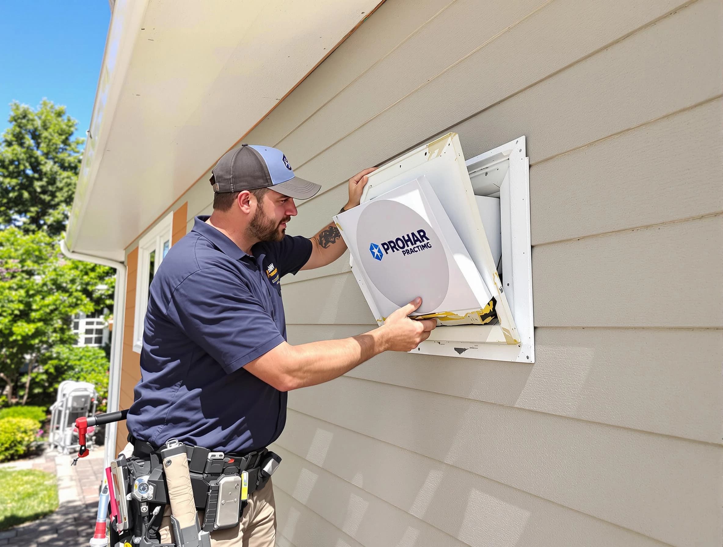 Lawrence Dryer Vent Cleaning technician installing a new protective dryer vent cover on a home in Lawrence