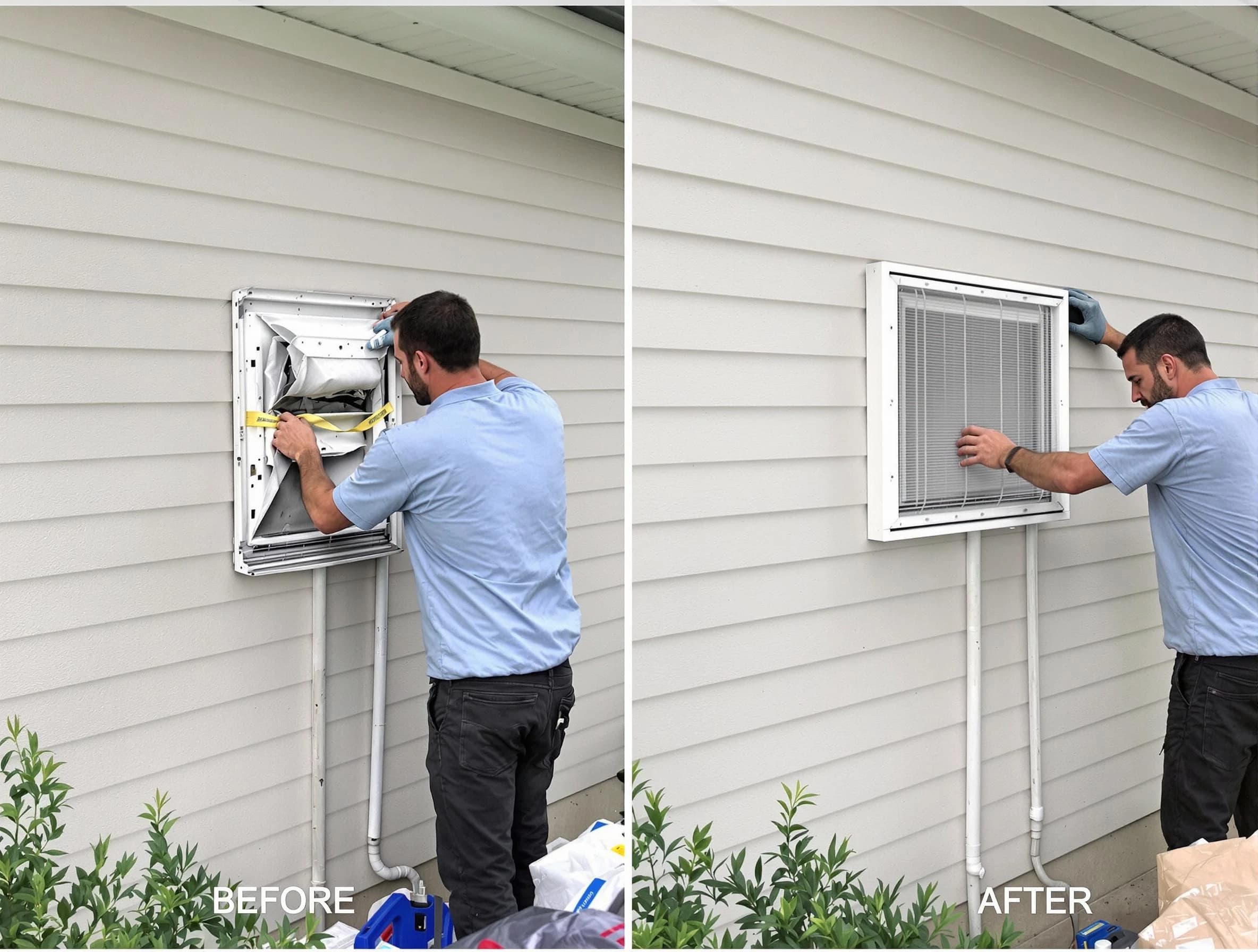 Lawrence Dryer Vent Cleaning technician installing high-quality dryer vent cover at a residential property in Lawrence