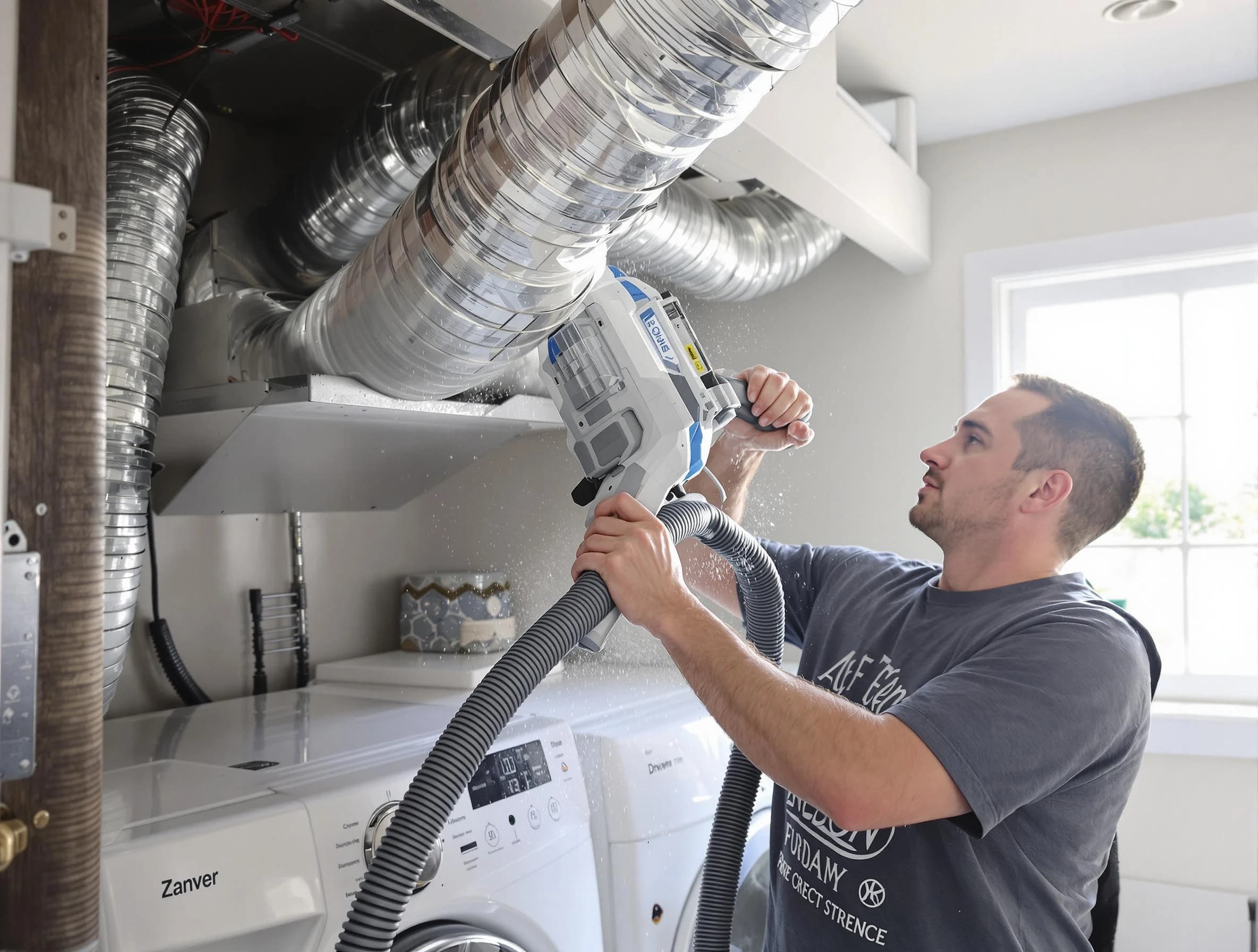 Lawrence Dryer Vent Cleaning specialist cleaning deep within a dryer vent duct system in Lawrence