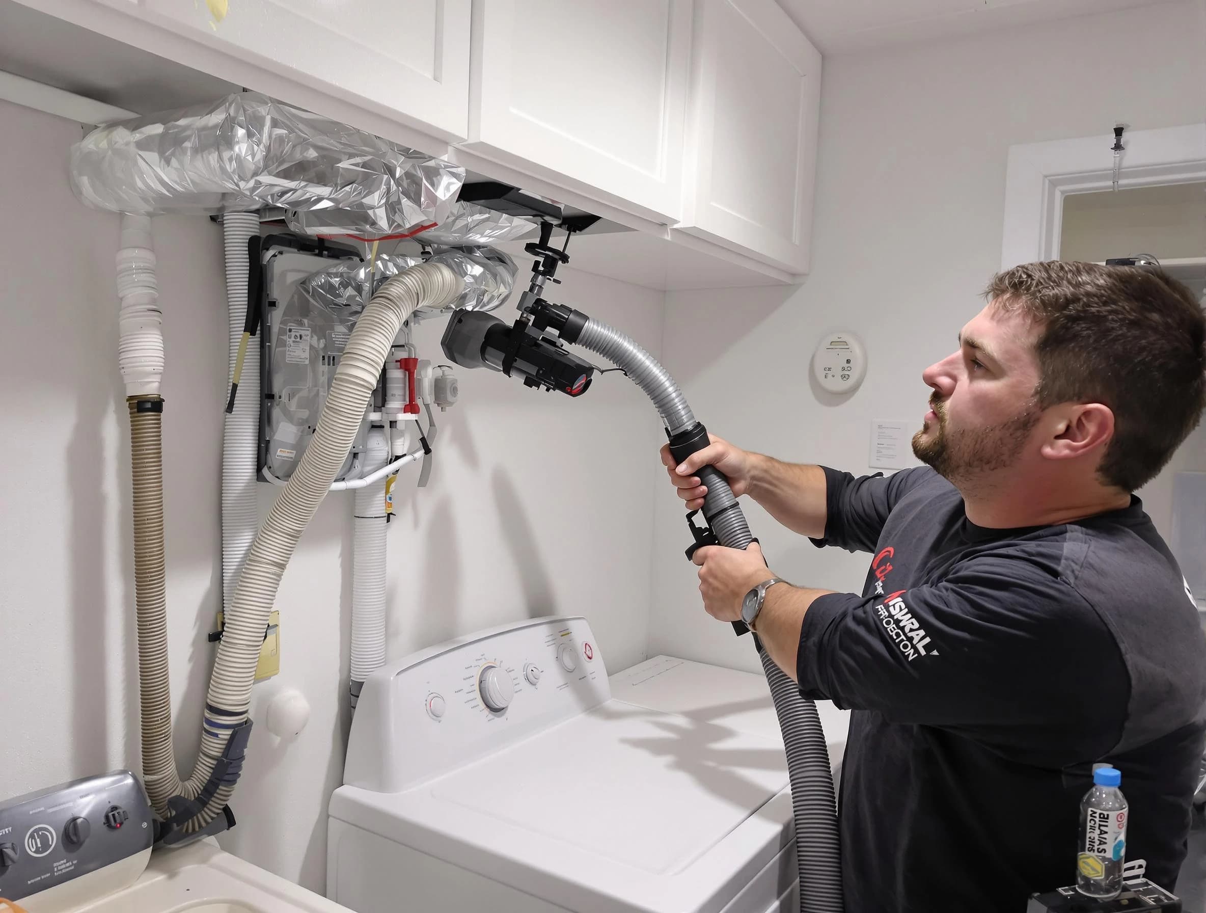 Lawrence Dryer Vent Cleaning certified technician performing safety-focused gas dryer vent cleaning in Lawrence