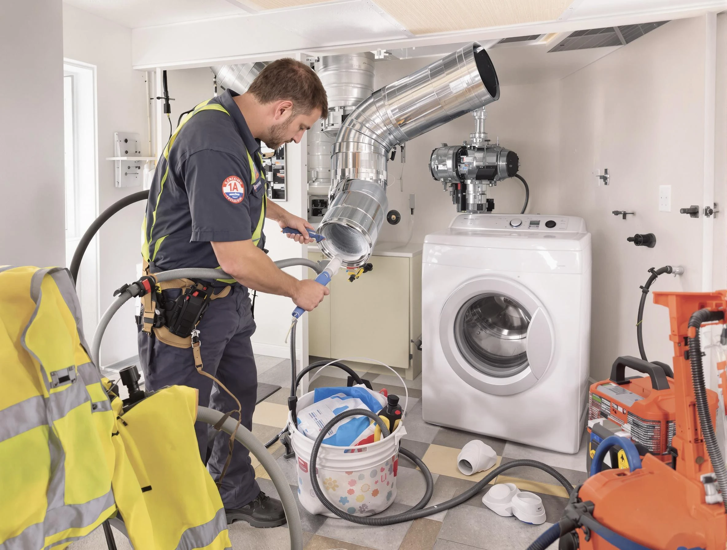 Lawrence Dryer Vent Cleaning technician using specialized equipment to clear severe dryer vent blockage in Lawrence